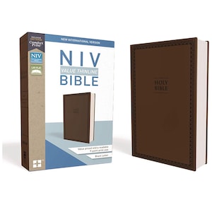 PERSONALIZOWANE ** Biblia NIV Value Thinline, Leathersoft, brązowa, z nadrukiem Comfort Print **NIESTANDARDOWE Nadruk