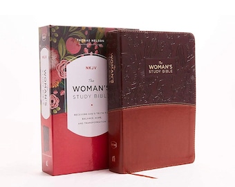 GEPERSONALISEERD *** De NKJV-studiebijbel voor vrouwen - kunstleer bruin/bordeauxrood *** Aangepaste naamopdruk
