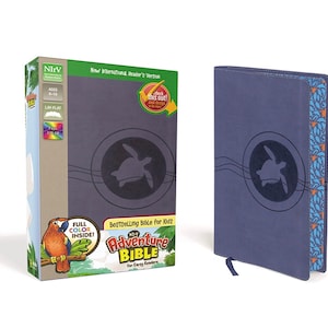 May include: A blue hardcover children's Bible with a turtle design on the cover. The title is "NIV Adventure Bible for Early Readers".