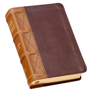 May include: A Holy Bible with a two-tone cover featuring a dark brown front panel and a tan spine with decorative cross-stitching. The spine displays gold embossed text reading Holy Bible and King James Version. The page edges are gilded in gold.