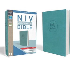 May include: A teal blue hardcover NIV Value Thinline Bible with large print. The cover features the words "Holy Bible" in a circle.