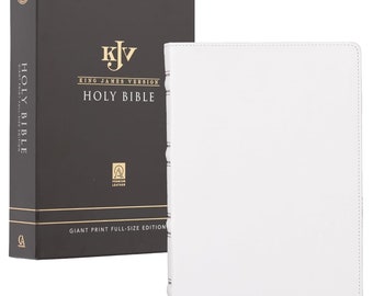 May include: A white leather-bound King James Version Holy Bible with a black box. The box has gold lettering that reads "Giant Print Full-Size Edition" and "KJV King James Version Holy Bible".