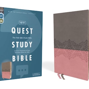 PERSONALIZED *** NIV Quest Study Bible - Comfort Print - Soft Leather-look - Pink/Gray  *** Custom Name Imprint