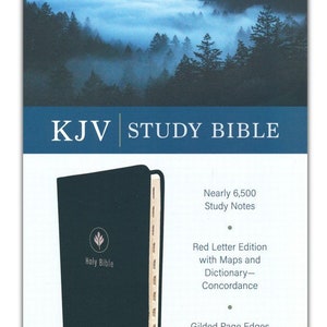 May include: A black leather-bound KJV Study Bible with gilded page edges and thumb indexing. The cover features a forest scene with fog and the text "Holy Bible". It includes nearly 6,500 study notes, maps, a dictionary, and concordance.