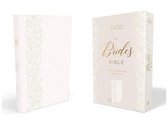 May include: A white Bible with a floral design on the cover. The title "Bride's Bible" is printed in gold lettering on the spine. The text "God's Word for Your Wedding Day" is printed below the title.