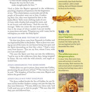 May include: A page from a religious book with text and illustrations. The text discusses the story of John the Baptist and Jesus Christ. The illustrations include a grasshopper and a lion.