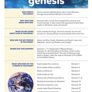 May include: A colourful infographic about the Book of Genesis in the Bible. The infographic features a blue and yellow background with a globe image and text that answers questions about the book, such as who wrote it, why it was written, and what are some of the stories in the book. The text includes the Bible verse "In the beginning God created the heavens and the earth" (Gen 1:1).