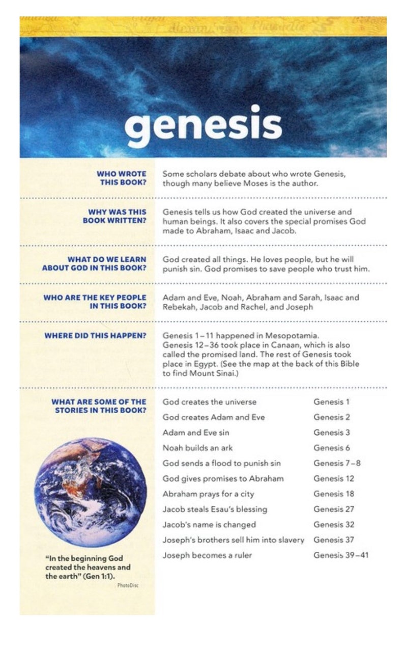 May include: A colourful infographic about the Book of Genesis in the Bible. The infographic features a blue and yellow background with a globe image and text that answers questions about the book, such as who wrote it, why it was written, and what are some of the stories in the book. The text includes the Bible verse "In the beginning God created the heavens and the earth" (Gen 1:1).