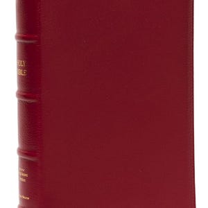 Könnte beinhalten: Ein rot ledergebundenes Buch mit goldener Schrift auf dem Buchrücken. Das Buch hat einen strukturierten Einband und ein Leseband. Der Titel "Holy Bible" ist auf dem Buchrücken zu sehen.