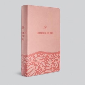 Può includere: Una Bibbia rosa con le parole "Following Jesus Bible" stampate sulla copertina. La parte inferiore della copertina presenta un motivo floreale in una tonalità più scura di rosa. Il dorso ha anche testo e un logo.