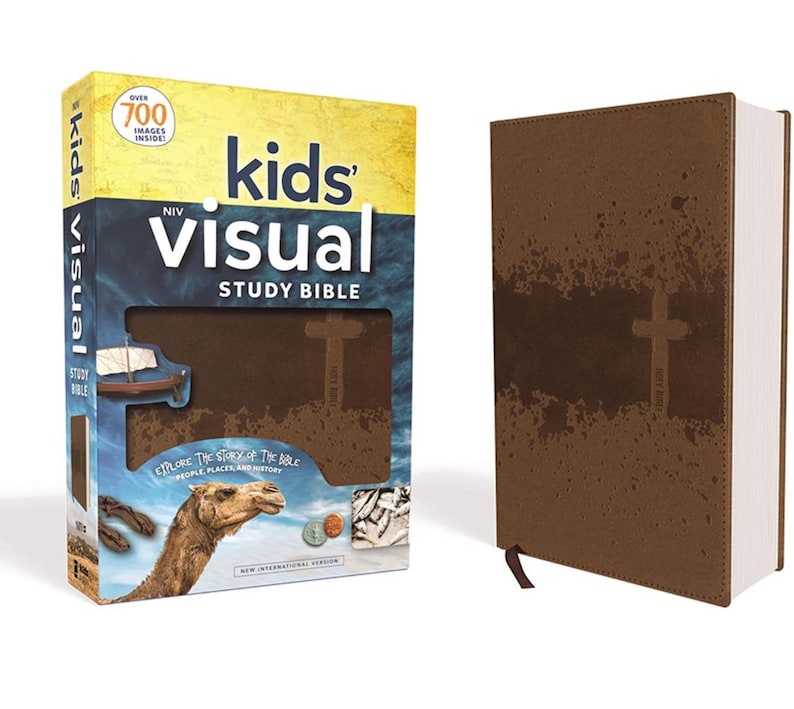 May include: A brown leather-bound NIV Kids' Visual Study Bible with over 700 images inside. The cover features a cross and a distressed background.