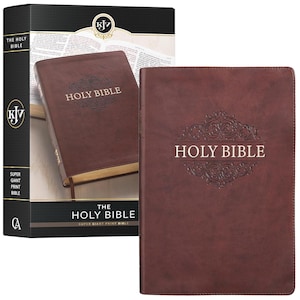 May include: A brown leather-bound Holy Bible with gold lettering and a decorative embossed design. The cover features the words "Holy Bible" in gold lettering.