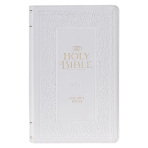 Santa Biblia KJV PERSONALIZADA - Letra gigante tamaño estándar, letra roja - Índice pulgar, cuero vegano - Floral blanco - 14 pt * Impresión de nombre personalizado