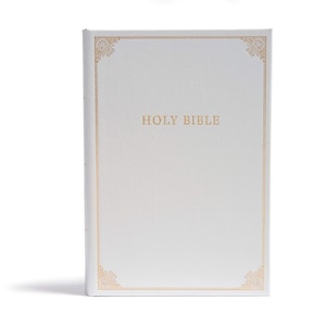 May include: A white leather-bound Holy Bible with gold lettering and decorative accents.