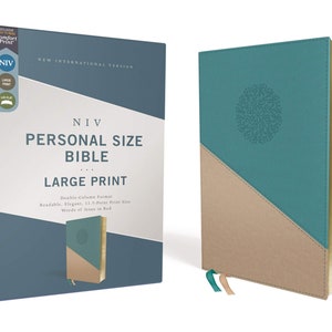 PERSONALIZED *** NIV Personal-Size Large-Print Bible - Soft Leather-look - Teal/Gold. *** Custom Name Imprint