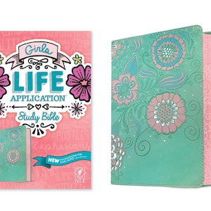 PERSONALIZED *** NLT Girls Life Application Study Bible - Soft Leather-look - Teal/Pink with Flowers. *** Custom Name Print