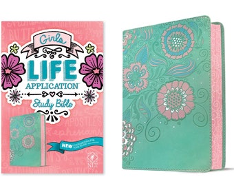 PERSONALIZED *** NLT Girls Life Application Study Bible - Soft Leather-look - Teal/Pink with Flowers. *** Custom Name Print