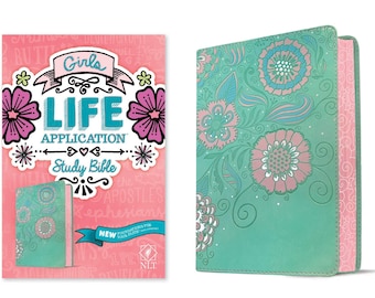 PERSONALIZED *** NLT Girls Life Application Study Bible - Soft Leather-look - Teal/Pink with Flowers. *** Custom Name Print