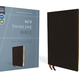 PERSONALIZADO *** NIV Thinline, negro, cuero regenerado, edición con letras rojas, impresión cómoda *** Impresión de nombre personalizado