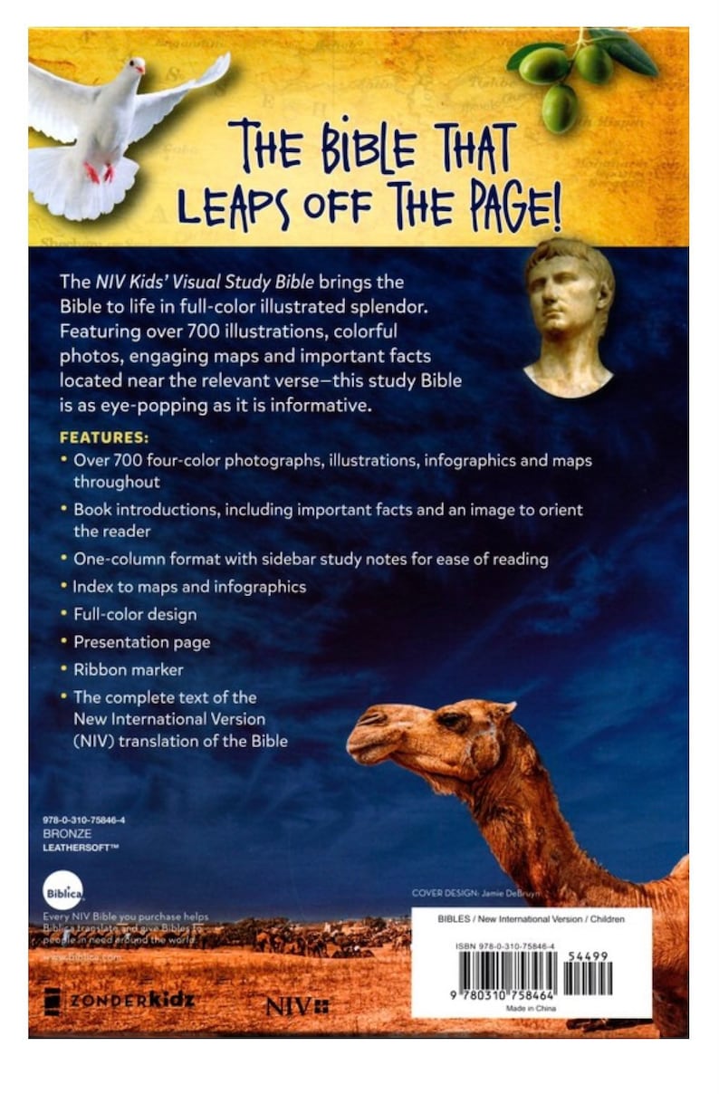 May include: A colourful book cover for the NIV Kids' Visual Study Bible. The cover features a white dove flying, a camel, and a bust of a man. The title of the book is "The Bible That Leaps Off The Page!" and the subtitle is "The NIV Kids' Visual Study Bible brings the Bible to life in full-colour illustrated splendour."