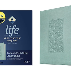 PERSONALIZED *** KJV Life Application Study Bible, Third Edition - Soft Leather-look - Floral Frame Teal *** Custom Name Imprint