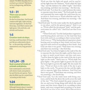 May include: A page from the Book of Genesis in the Bible, with text describing the creation of the world in six days. The text is in black and white, with a yellow background. The page is divided into two columns, with the left column containing the text of Genesis 1:1-31 and the right column containing the text of Genesis 1:1-25.
