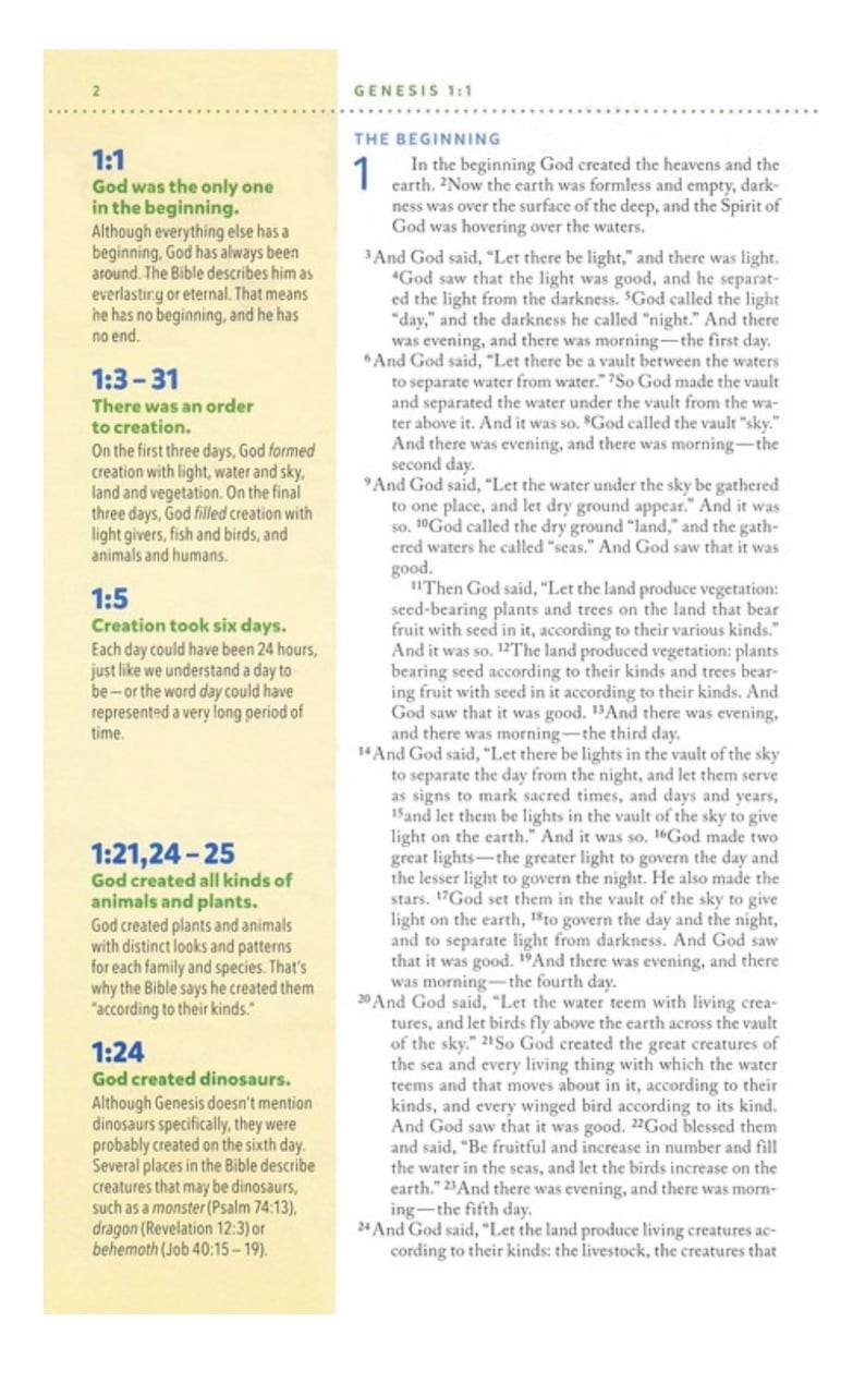 May include: A page from the Book of Genesis in the Bible, with text describing the creation of the world in six days. The text is in black and white, with a yellow background. The page is divided into two columns, with the left column containing the text of Genesis 1:1-31 and the right column containing the text of Genesis 1:1-25.