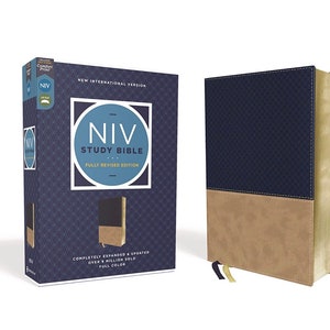 PERSONALIZED *** NIV Study Bible, Fully Revised Edition, Comfort Print, Soft Leather-Look, Navy/Tan  *** Custom Name Imprint