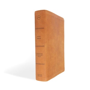 Op de afbeelding: Een bruine leren gebonden Heilige Bijbel met de tekst "Christian Standard Bible" en "Holman" gedrukt op de rug.