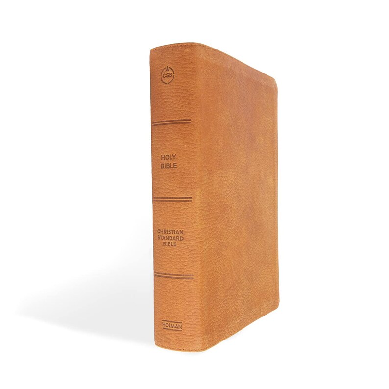 Op de afbeelding: Een bruine leren gebonden Heilige Bijbel met de tekst "Christian Standard Bible" en "Holman" gedrukt op de rug.