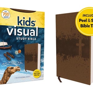 PERSONALIZED *** NIV Kids&#39; Visual Study Bible, Imitation Leather, Brown - Peel and Stick Tabs *** Custom Name Imprint