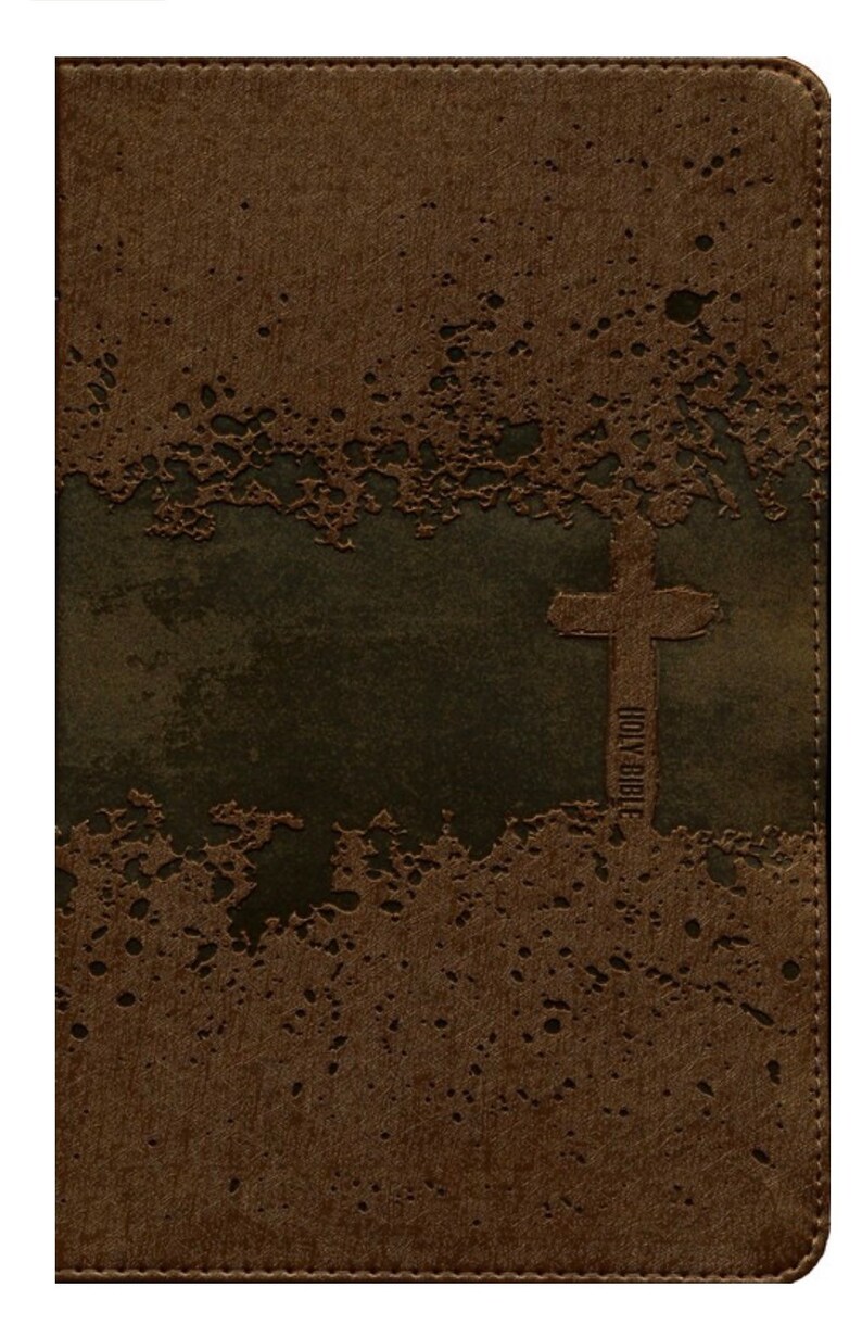 May include: A brown leather-bound Holy Bible with a distressed, textured cover. The cover features a cross and the words "Holy Bible" embossed in the centre.