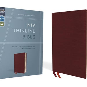 PERSONALIZADO *** NIV Thinline - Borgoña - Cuero regenerado - Edición con letras rojas - Estampado cómodo *** Impresión de nombre personalizada