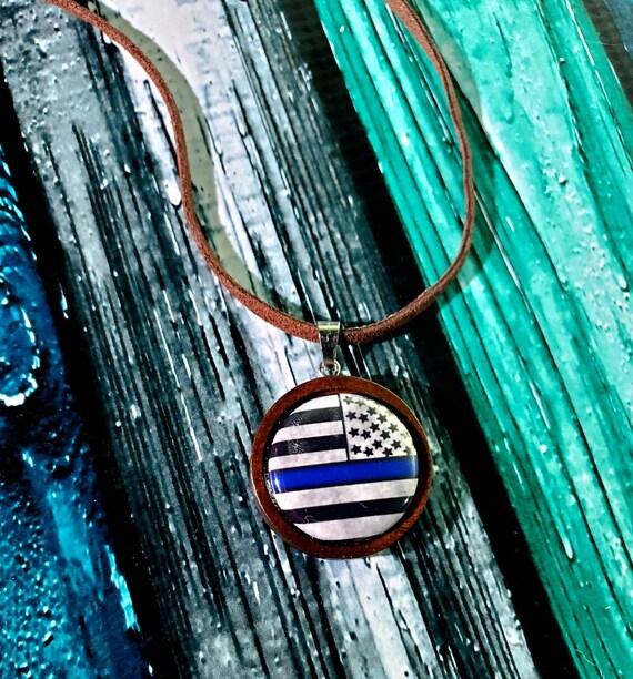 Thin Blue Line Pendant Suede Necklace Etsy