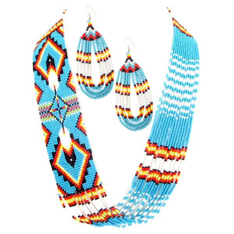 Gorgeous Hand Crafted Beaded Turquoise Blue Feather Design Layered Jewelry SetNative American Necklace SetTribal JewelryGifts for Her