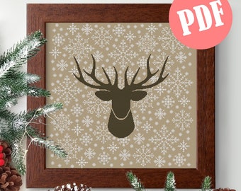 Christmas cross stitch pattern, snowflake silhouette deer