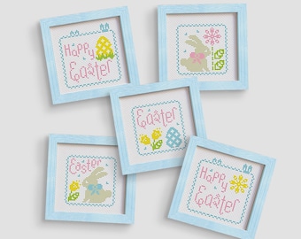 Happy Easter primitive cross stitch patterns PDF of 5 sets