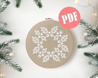 Primitive cross stitch pattern HOLLY Christmas wreath