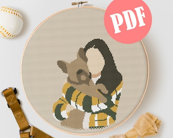 Cross stitch pattern Lady with dogs in blue PDF woman and dogs Instant download
