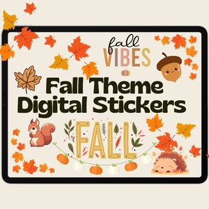 以下が含まれることがあります： 秋のテーマのデジタルステッカー。ステッカーには、リス、ハリネズミ、カボチャ、秋の葉、そしてバナーに「秋」の文字が含まれています。また、「Fall Theme Digital Stickers」というテキストも含まれています。