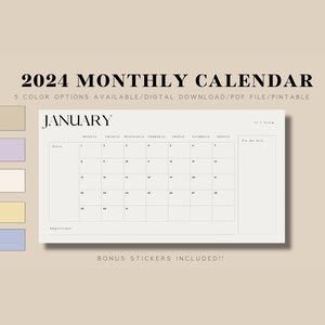 以下が含まれることがあります： 2024年1月の印刷可能な月間カレンダーテンプレート。カレンダーには、やることリストと重要なメモのセクションがあります。5色のオプションがあり、ボーナスステッカーが含まれています。
