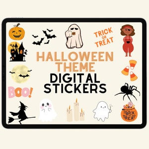 May include: A digital sticker set with a Halloween theme. The stickers feature various Halloween icons, including a ghost, a spider, a witch, a pumpkin, a haunted house, and candy corn. The text "Halloween Theme Digital Stickers" is displayed in the center of the image.
