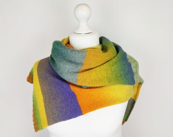 Yellow knit wool scarf,  Multicolor stripe shoulder wrap,  Eco friendly gifts for mom and sister