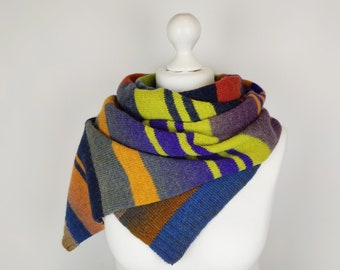 Hand knit wool scarf for women, Multicolored striped shoulder wrap scarf, Eco friendly gifts for mom and daughter