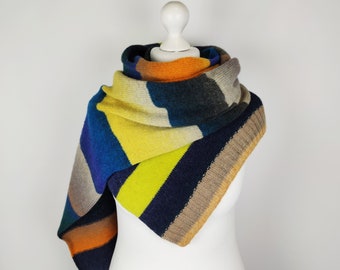 Hand knit wool scarf for women, Multicolored striped shoulder wrap scarf, Eco friendly gifts for mom and grandma