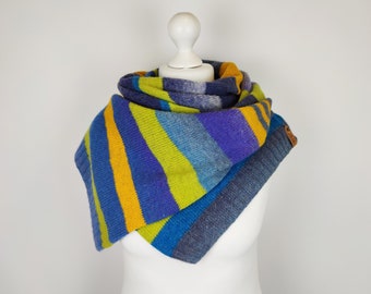 Multicolored striped shoulder wrap scarf, Hand knitted wool scarf for women, Eco friendly gifts for mom and daughter