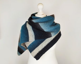 Blue hand knit wool scarf for women and men, Multicolored stripes shoulder wrap scarf, Eco friendly Christmas gifts for mom and son