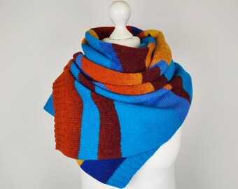 Multicolored striped shoulder wrap scarf, Hand knit wool scarf for women, Eco friendly gifts for mom and daughter