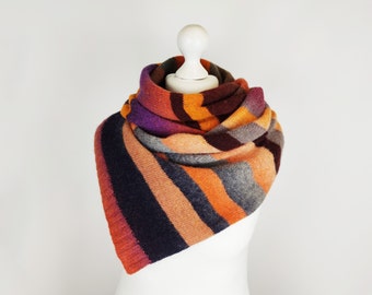 Multicolored striped shoulder wrap scarf, Hand knit wool scarf for women, Eco friendly gifts for mom and sister