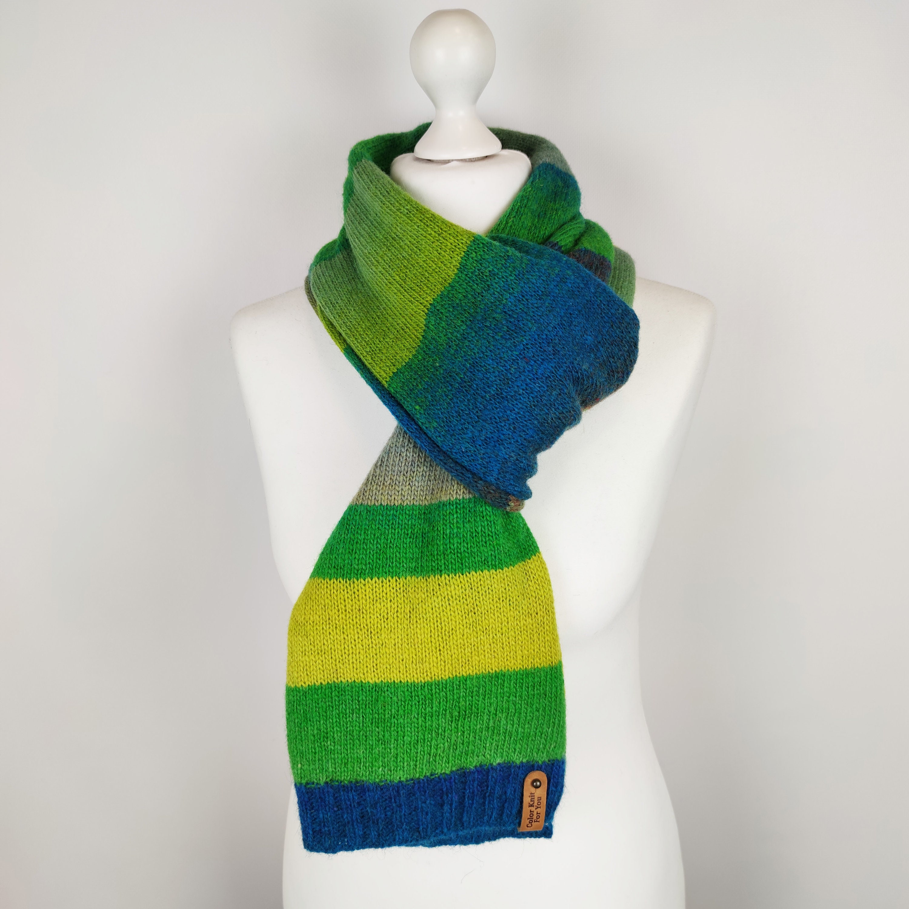 Green knit wool scarf for women Multicolor stripe shoulder Etsy
